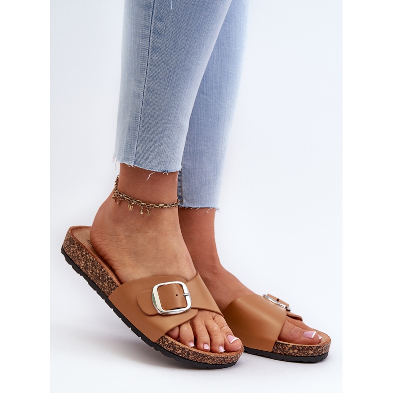 Women's Flip-Flops on a Cork Platform with a Buckle, Brown Moaxi 2