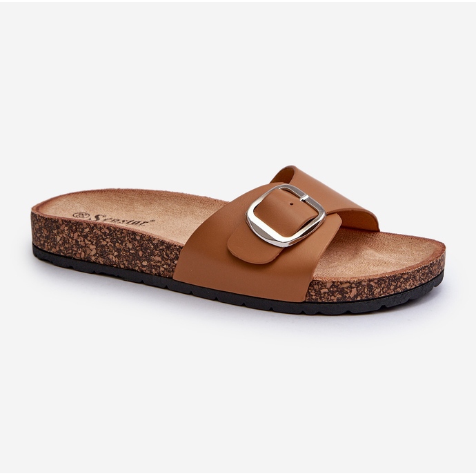 Women's Flip-Flops on a Cork Platform with a Buckle, Brown Moaxi 1
