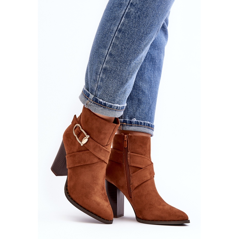 Suede ankle boots on a high heel with a Camel Eftane buckle brown 1