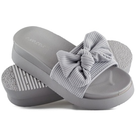 Gray women's flip-flops with a bow on a thick sole grey 1