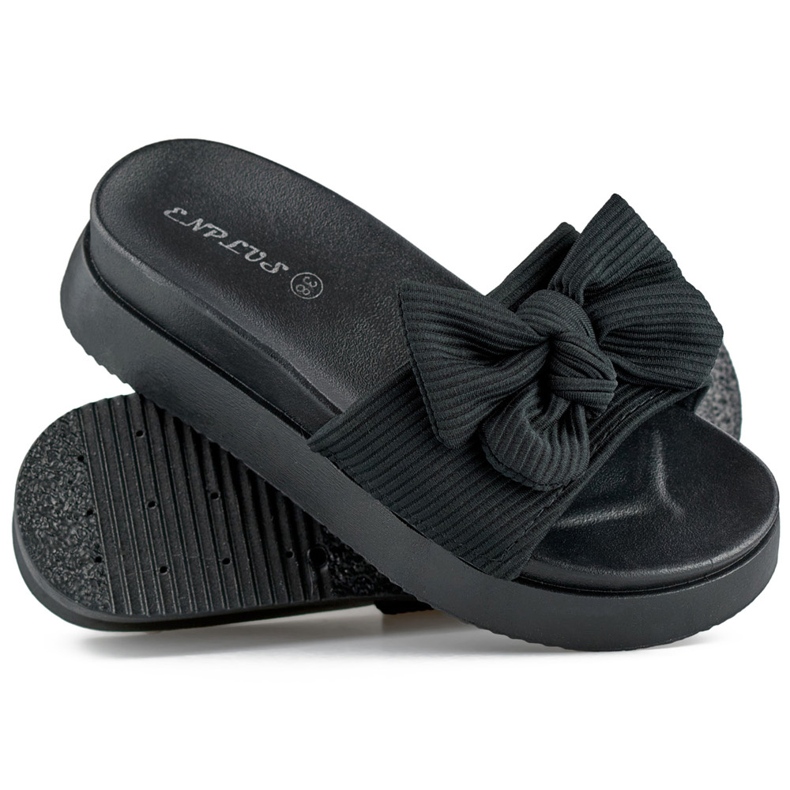 Black women's slippers with a bow on a thick sole 1
