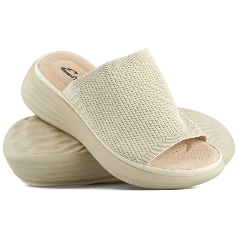 Beige soft women's flip-flops on a platform with a sock upper 1