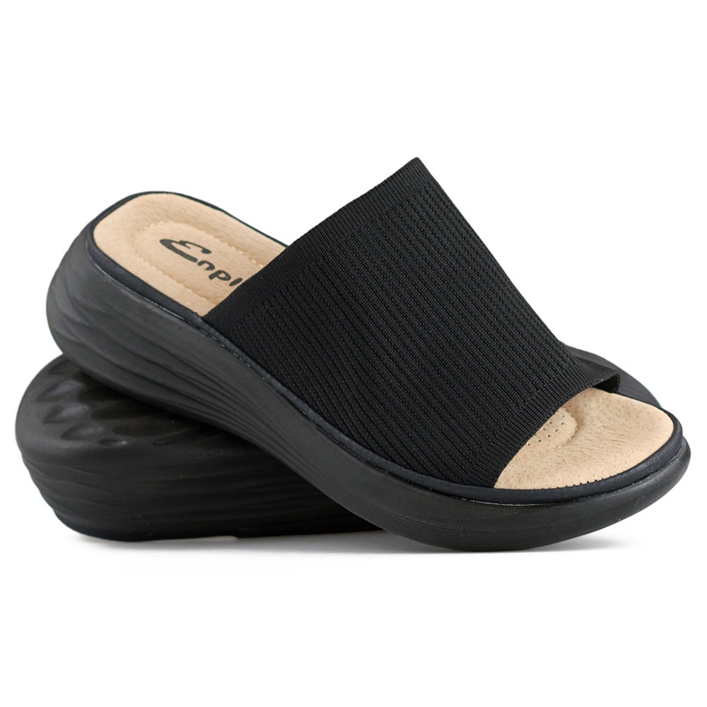 Black soft women's flip-flops on a platform, flip-flops with a sock upper 1