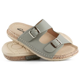 Comfortable gray women's flip-flops with two buckles and a leather insole grey 1