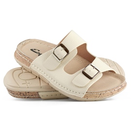 Comfortable beige women's flip-flops with two buckles and a leather insole 1