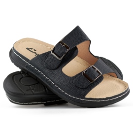 Comfortable black women's flip-flops with two buckles and a leather insole 1