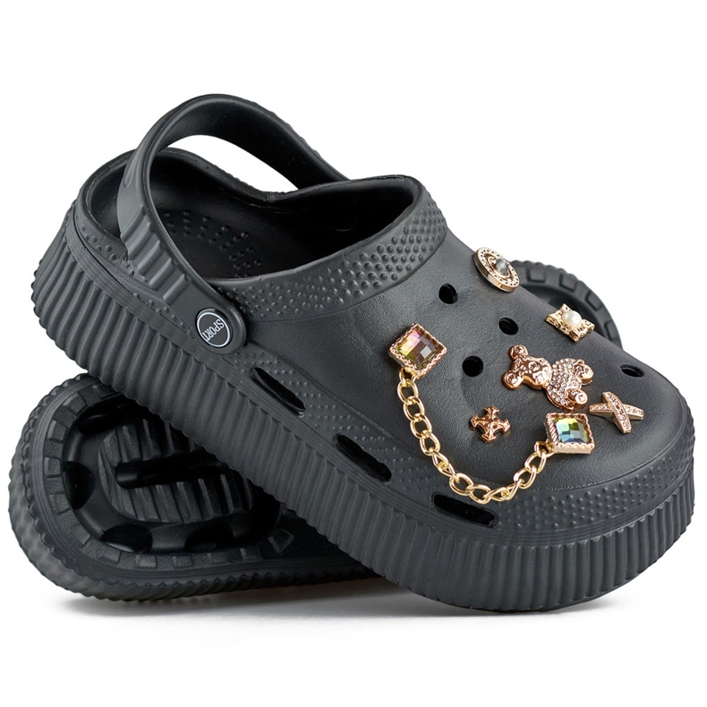 Black flip-flops with a thick sole and decorations 1