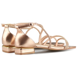 Elegant women's low-heeled sandals with cubic zirconia pink 1