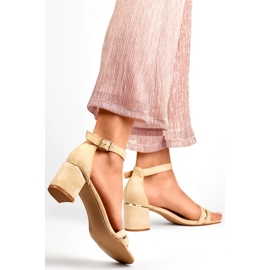 Beige women's low-heeled sandals with ankle fastening 2