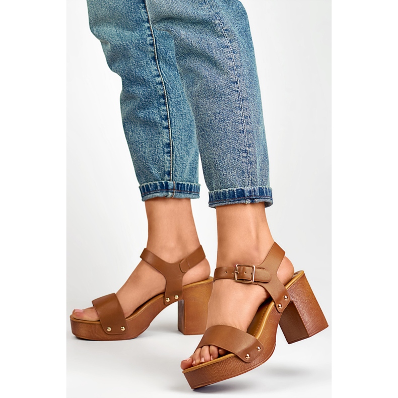Brown sandals with a wooden platform heel 2