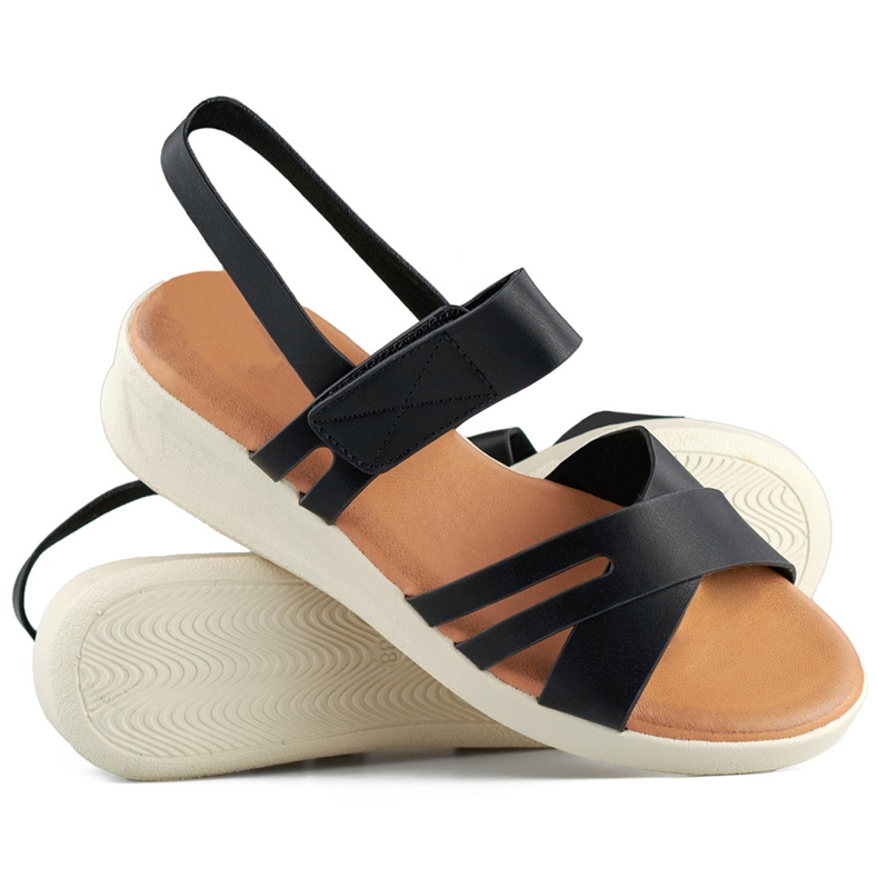 Black comfortable women's velcro sandals with a low wedge 1