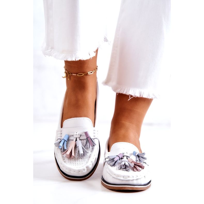 Evento Women's Leather Loafers With Fringes White Laressa 2