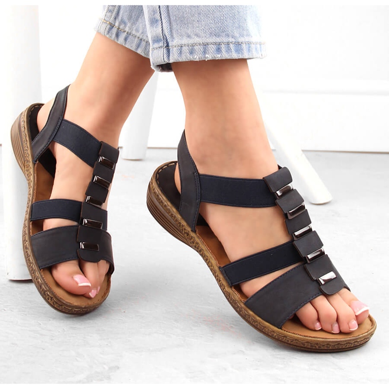 Women's slip-on sandals with elastic bands, navy blue eVento 4940 1