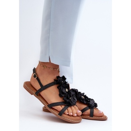 Women's Flat Sandals Decorated with Flowers, Black Abidina 1