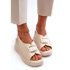 Leather Women's Wedge Sandals With Decoration, Beige Salvania 2 Leather Women's Wedge Sandals With Decoration, Beige Salvania 2