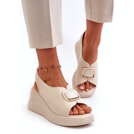 Leather Women's Wedge Sandals With Decoration, Beige Salvania 1 Leather Women's Wedge Sandals With Decoration, Beige Salvania 1