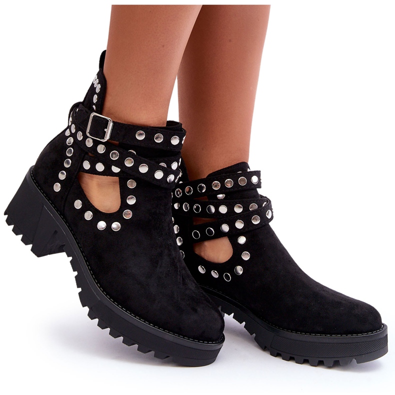 Ideal Shoes Suede Women's Ankle Boots With Decorative Studs, Black 7