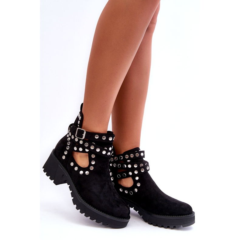 Ideal Shoes Suede Women's Ankle Boots With Decorative Studs, Black 3