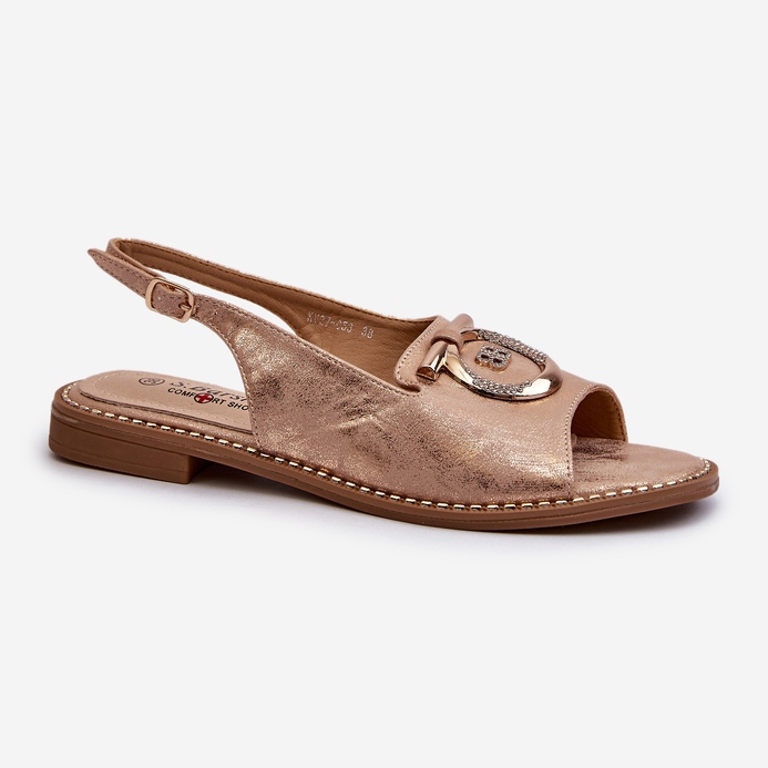 Elegant Women's Sandals With Gold Decoration On Flat Heels, Rose Gold S.Barski KV27-053 golden 1