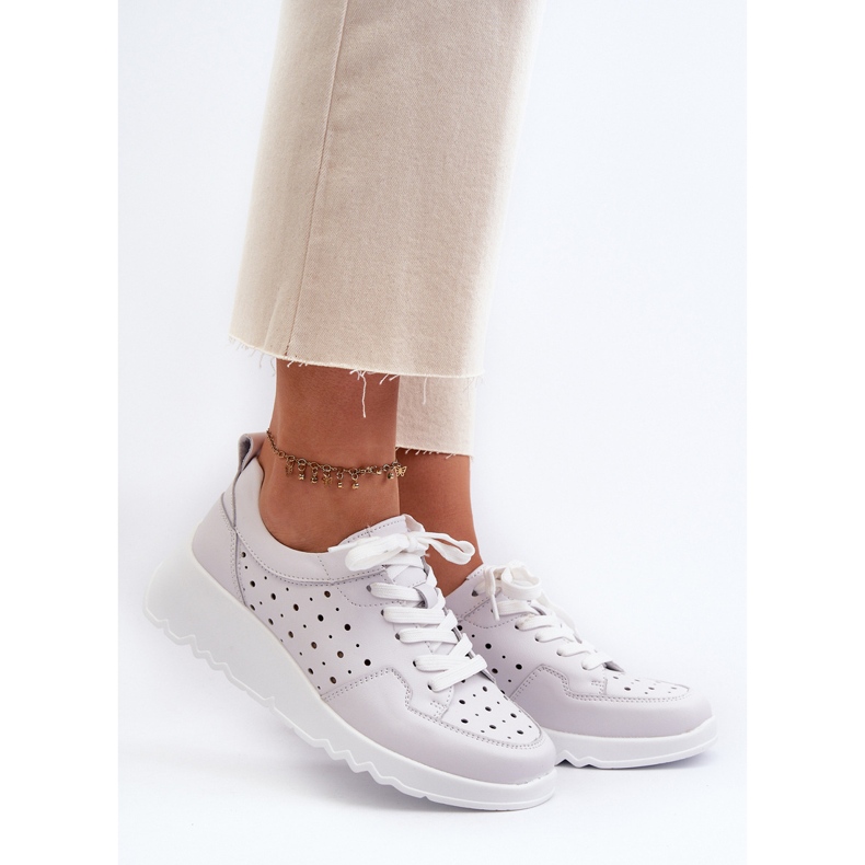 Openwork Women's Wedge Sneakers Natural Leather Light Gray S.Barski LR482 grey 2