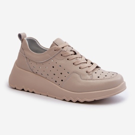 Openwork Women's Wedge Sneakers, Natural Leather, Beige S.Barski LR482 1