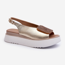 Zazoo 1786 Women's Leather Sandals on a Platform With Gold Decoration golden 1