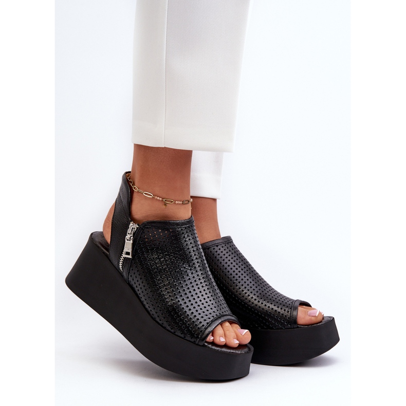 Zazoo 1792 Leather Openwork Wedge Sandals, Black 2