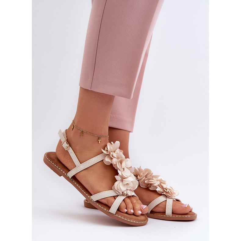 Women's Flat Sandals Decorated with Flowers, Beige Abidina 2 Women's Flat Sandals Decorated with Flowers, Beige Abidina 2