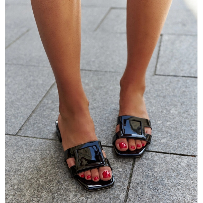 Black patent slippers with Mancinia leather insert 1