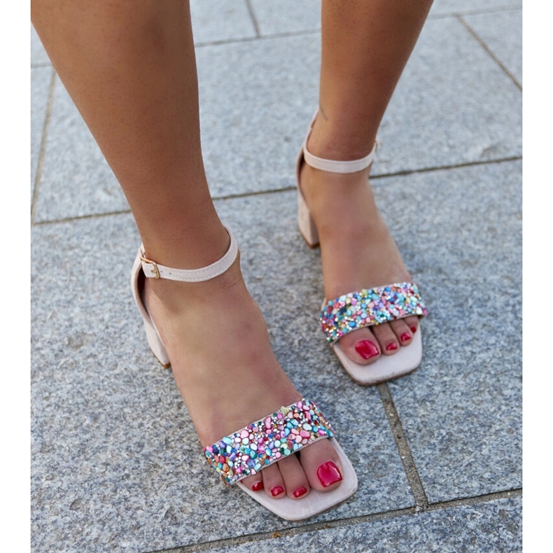 High heel sandals with colorful Ghuson stones beige 1