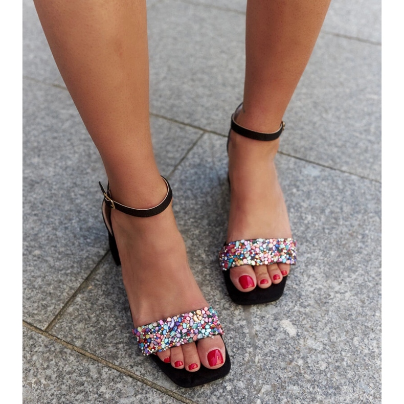 High heel sandals with colorful Ghuson stones black 1
