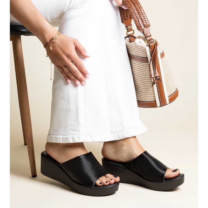 Black openwork wedge slippers in Garvin eco leather 2 Black openwork wedge slippers in Garvin eco leather 2