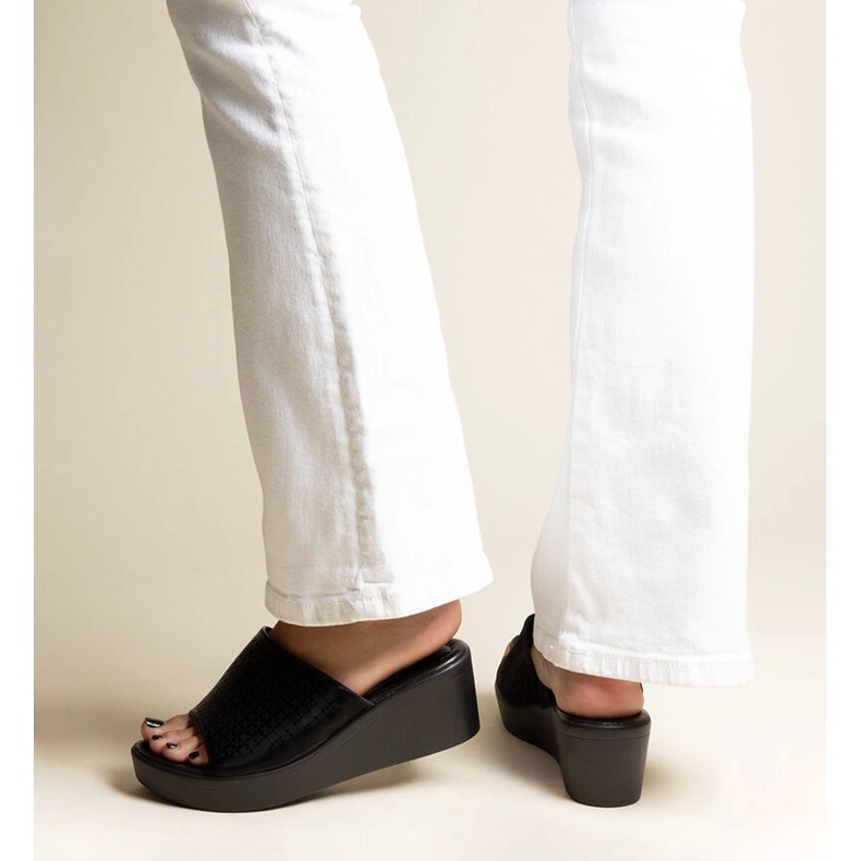 Black openwork wedge slippers in Garvin eco leather 1 Black openwork wedge slippers in Garvin eco leather 1