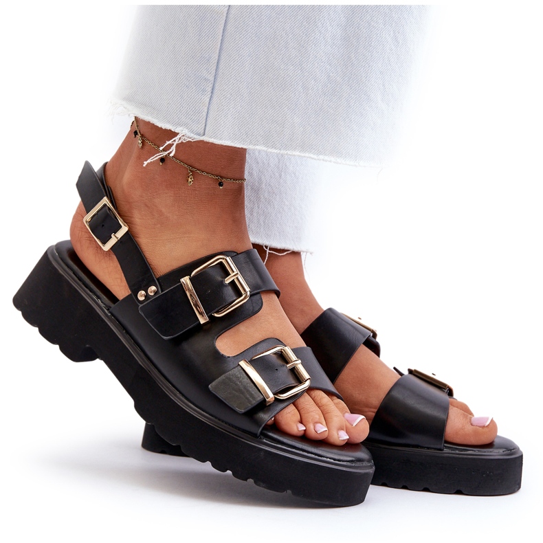 Women's Sandals with Buckles, Eco Leather, Black 9 Women's Sandals with Buckles, Eco Leather, Black 9