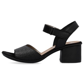 Leather comfortable women's high-heeled sandals with velcro, black Rieker 64693-00 1