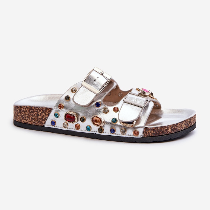 Decorated Women's Flip Flops With Buckles S.Barski MY121 Silver 1