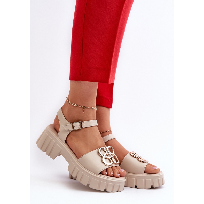 Beige Women's Leather Sandals With Gold Decoration Vinceza 7910 2