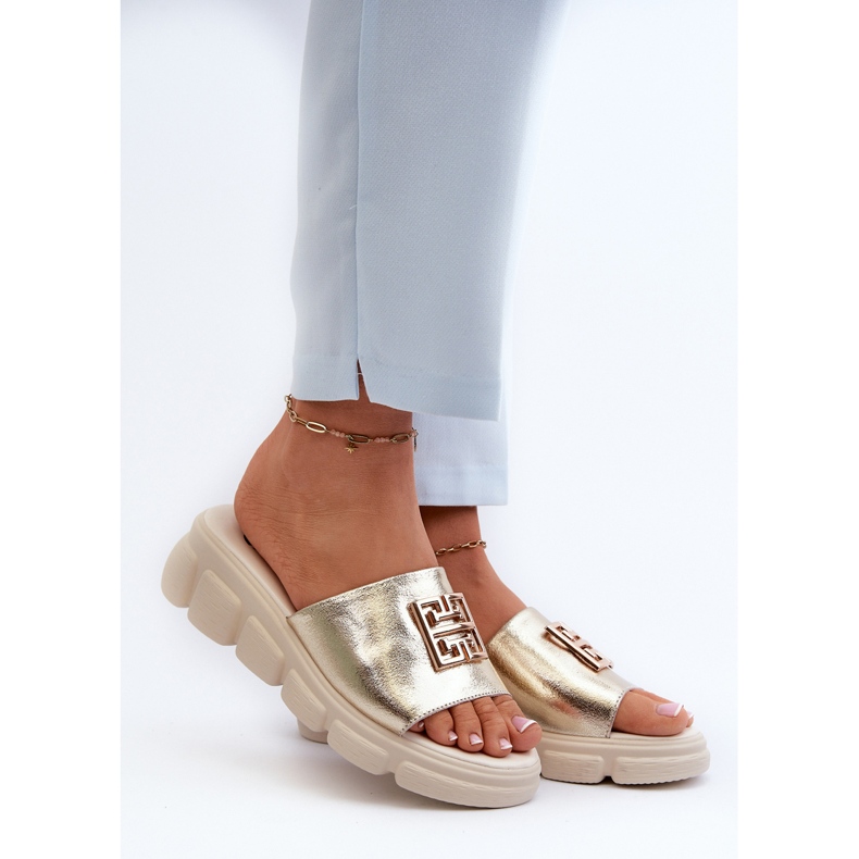 Women's Leather Flip-Flops With Gold Decoration On Wedges Vinceza 41444 Gold golden 2