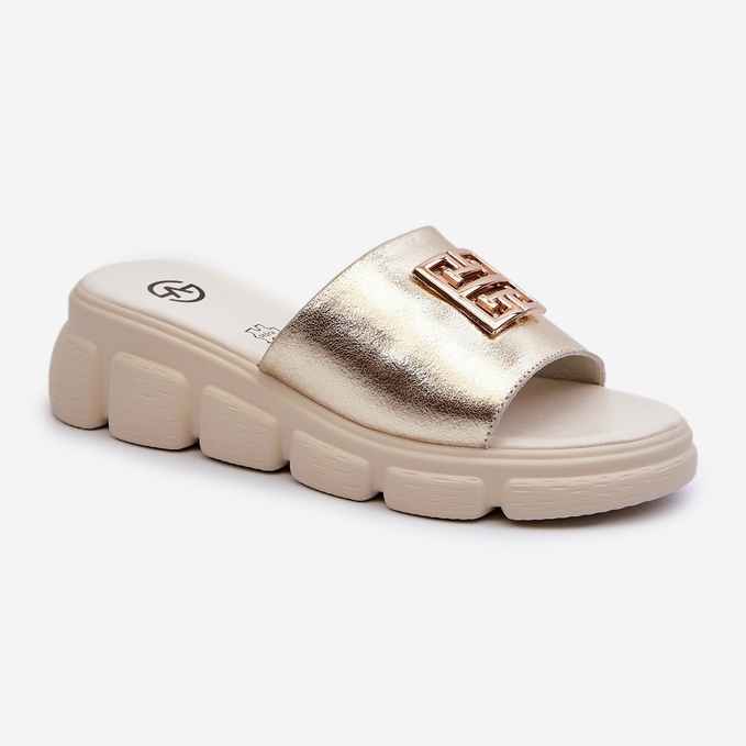 Women's Leather Flip-Flops With Gold Decoration On Wedges Vinceza 41444 Gold golden 1