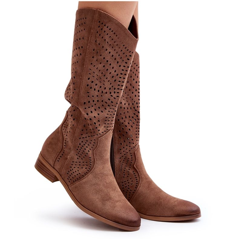 Vinceza Openwork Mid-Calf Boots Brown Kleorelia 7