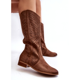 Vinceza Openwork Mid-Calf Boots Brown Kleorelia 6