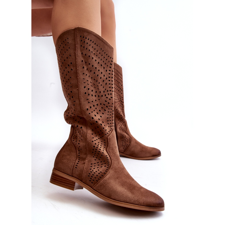 Vinceza Openwork Mid-Calf Boots Brown Kleorelia 6