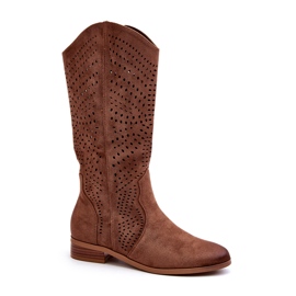 Vinceza Openwork Mid-Calf Boots Brown Kleorelia 1