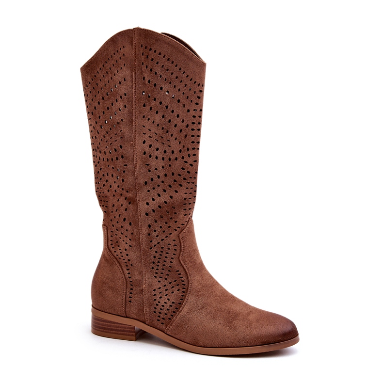Vinceza Openwork Mid-Calf Boots Brown Kleorelia 1