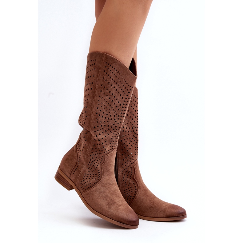 Vinceza Openwork Mid-Calf Boots Brown Kleorelia 2