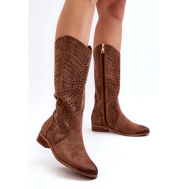 Vinceza Openwork Mid-Calf Boots Brown Kleorelia 3