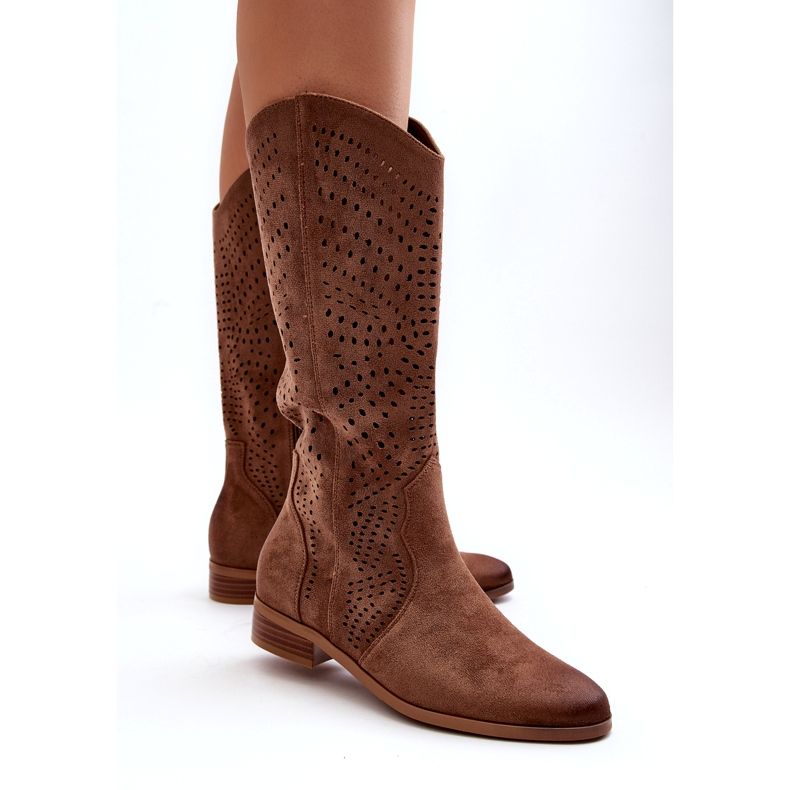 Vinceza Openwork Mid-Calf Boots Brown Kleorelia 5