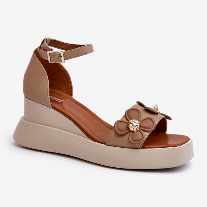 Jezzi Beige Women's Sandals On A Platform And Wedge With Flowers Foviana 1