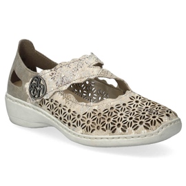 Leather comfortable women's openwork shoes with velcro, metallic Rieker 413G4-90 beige 17