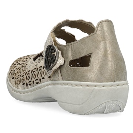 Leather comfortable women's openwork shoes with velcro, metallic Rieker 413G4-90 beige 1